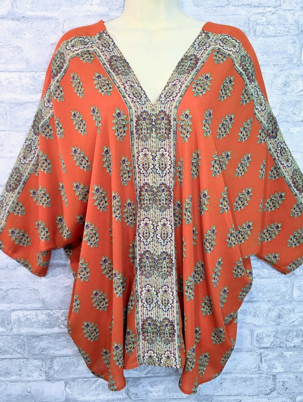Rose + Olive Orange Paisley-Print Blouse Shirt Size 1X BOHO